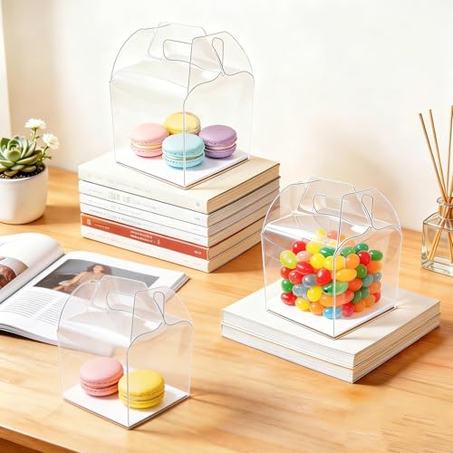 24 Pack Clear Boxes for Treats,4inch Macaron Containers with Handle, Clear Candy Carrier (24,only box) - color: Clear(only box)