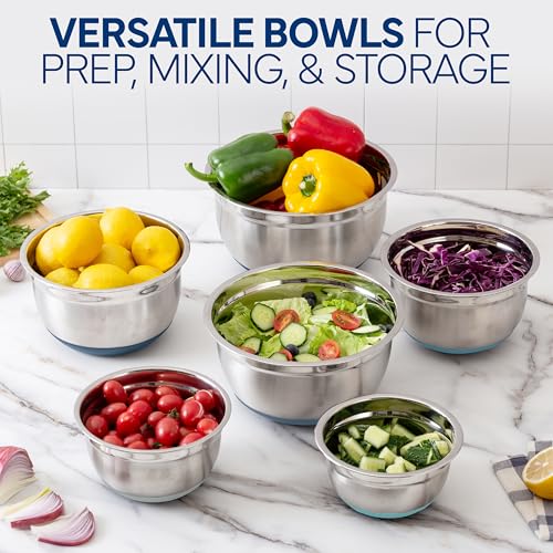 COOK WITH COLOR Stainless Steel Mixing Bowls Set with Lids - Nesting Bowls with Non-Slip Bottom, Blue, 12 Pieces - color: Blue, size: 12 Pieces