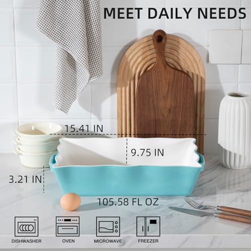 Sweejar Casserole Dishes for Oven, Ceramic Bakeware Set of 3, Rectangular Baking dish with Handles, Wave Edge Lasagna Pan Deep for Cooking, Cake, Dinner, Banquet and Daily Use (Baking dish(Set of 1), Turquoise New) - color: Turquoise New, style: Baking di
