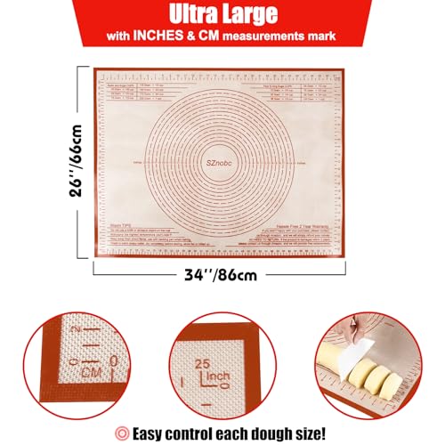 Silicone Pastry Mat 34X26 inch Baking Mat Large Dough Mat with Measurements - color: Red, size: 26"L x 34"W