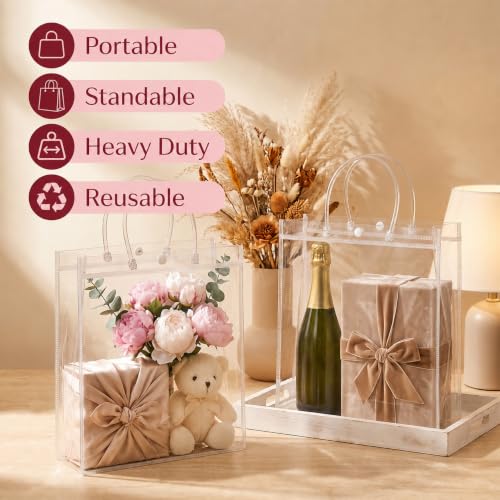MAQIHAN Clear Gift Bags with Handles - X-Large Clear Party Favor Bags - size: 10.2x11.8x3.1 Inch