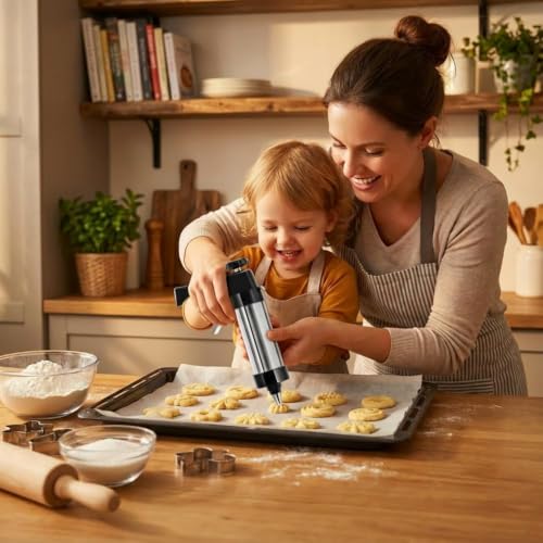 Stainless Steel Cookie Press Gun Kit, 13 Discs & 8 Piping Tips