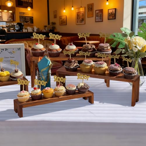 Large 2 Set Stackable Wooden Cupcake Stand Tiered Riser Display Stands for Vendor Events Vendor Booth Display Items Farmhouse Decor Wood Dessert Table Display Set (Dark Brown, 2Pack)