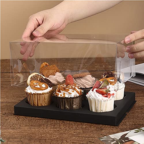 10 Gift Boxes Transparent Cake Boxes ，6 Holes Inserts Cupcake & Dessert Boxes | Tall Transparent Cupcake Box | Insert in White,orBlack | Fits Muffin & Cupcakes Cases（9.4"x 6.7" x 3.9" ） (black)
