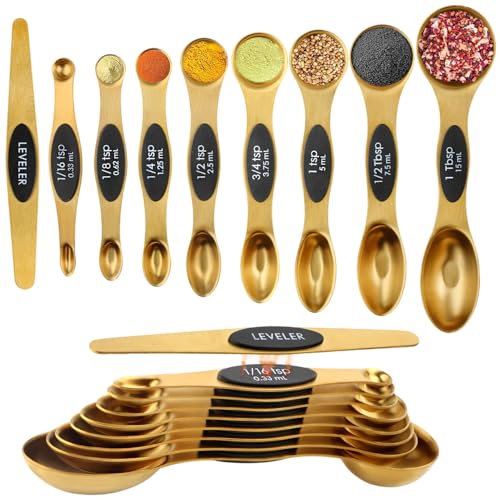 Gold Magnetic Measuring Spoons Set Stainless Steel with Leveler, Dual-Sided Stackable Metal Measuring Spoons for Baking & Cooking, Fits in Spice Jars, Heavy Duty Kitchen Gadgets, 8 Spoons & 1 Leveler - color: Gold