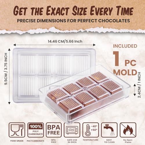 Authentic Polycarbonate Dubai Chocolate Bar Mold Kit (Dry-Use Required) – Professional Deep Bar Mold, BPA Free Food Grade, 8-Cavity Design, More Durable than Silicone Plastic Molds – 1 Piece
