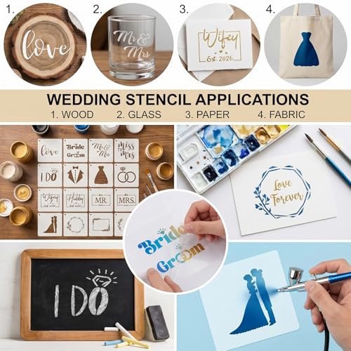 16Pcs 4x4Inches Wedding/Engagement Cookie Stencils, Love/Bride to Be/Miss to Mrs/I Do Stencil for Baking, Royal Icing, Sugar Cookie, Bridal Shower Decor, Cards Decorating Tools & Personalized Gifts