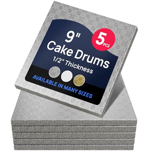 O'CREME Silver Square Cake Pastry Drum Board 1/2 Inch Thick, 9" x 9" - Pack of 5 - color: Silver, size: 9" x 9"