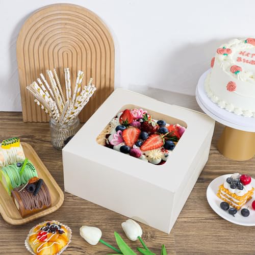 Moretoes 24pcs Cake Boxes, 10x10x5 Inches White Square Bakery Boxes with Window Cajas Pasteles for Cake, Mother's Day, Pastries, Chocolates, Cookies, Pie, Birthday Party, Wedding, Graduation - size: A-24pcs-10*10*5in