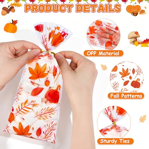 Fall Thanksgiving Cellophane Treat Bags - 50Pcs 5 x 11 Inch Autumn Pumpkin & Maple Leaf Candy Bags with 60 Gold Twist Ties, Plastic Goodie Bag for Cookies, Snacks, Gift Wrapping & Harvest Party Favors - color: Fall 50pcs