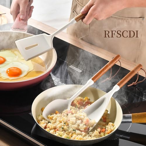 White Silicone Cooking Utensils Set, Kitchen Utensils Set 7 Pcs for cooking, Non-Toxic Spatula Set with Heat Resistant Wood Handles for Nonstick Cookware, (Cream White) - color: Cream White