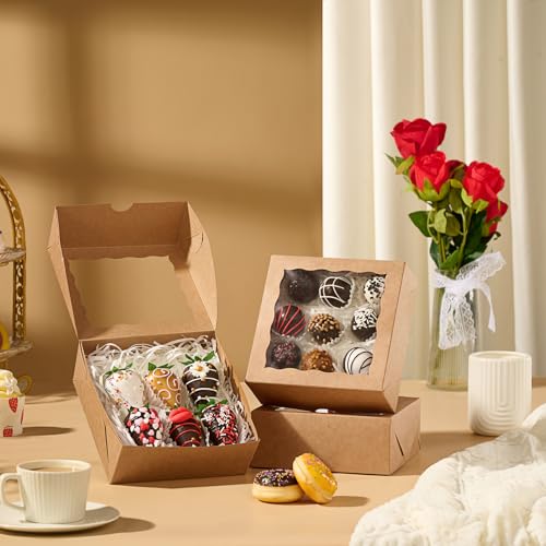 20 Pack 6x6x2.5 Inch Brown Pastries Boxes with Window for Cookie, Cake, Macaron, Pie, Bath Bombs,Chocolate Covered Strawberries & More - color: Brown