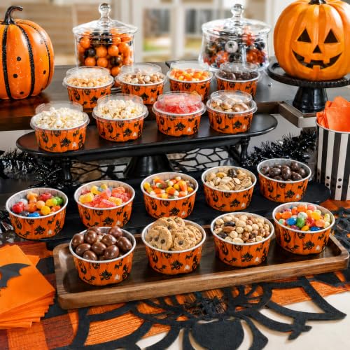 50 Pack Halloween Baking Supplies Mini Cake Pans with Lids and Spoons - color: Orange and Black