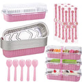 24 Pack Mini Loaf Pans, 7.5oz Mini Cake Pan & Mini Cupcake Pan Set – Disposable Aluminum Baking Pans with Lids, Spoons & Stickers, Premium Sturdy Gift Set for Cakes, Cupcakes, Desserts & Party Treats - color: Pink