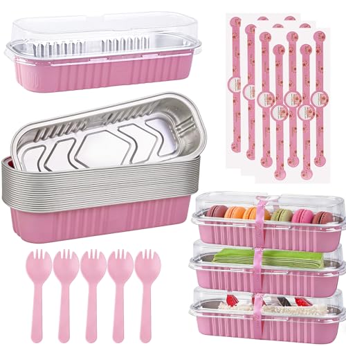 24 Pack Mini Loaf Pans, 7.5oz Mini Cake Pan & Mini Cupcake Pan Set – Disposable Aluminum Baking Pans with Lids, Spoons & Stickers, Premium Sturdy Gift Set for Cakes, Cupcakes, Desserts & Party Treats - color: Pink