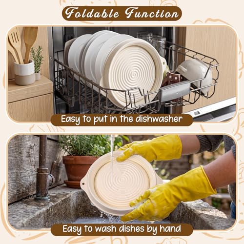 Fanfanwin 4 Pcs 10" Silicone Banneton Bread Proofing Baskets Foldable Beige