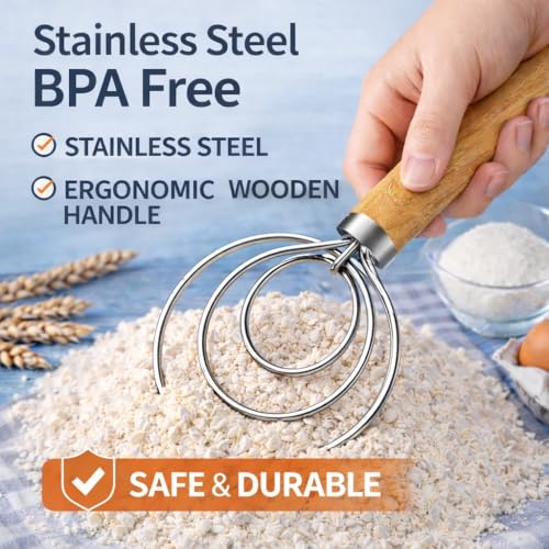 Danish Dough Whisk for Sourdough – Thick Stainless Steel Dutch Whisk with Ergonomic Oak Handle – Heavy-Duty Dough Mixer for Bread & Baking - size: Round Coil