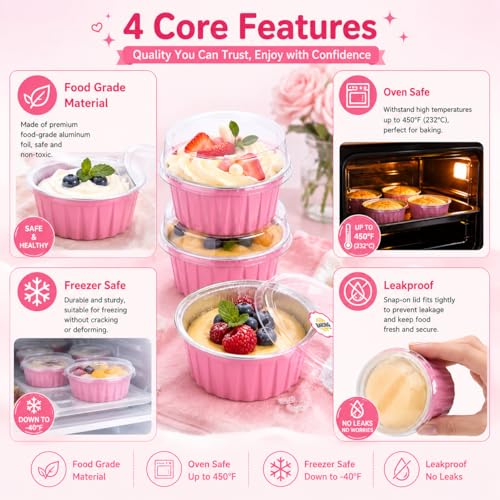 30 Pack Mini Round Aluminum Foil Cake Pans with Lids and Spoons, Food Grade Disposable Baking Cups Ramekins, Oven Air Fryer Freezer Safe for Wedding Favors Mother's Day Party (Pink (Round)) - color: Pink (Round)