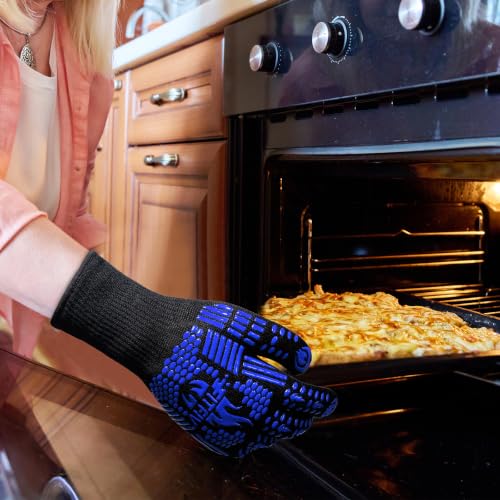 BBQ Gloves, 1472°F Heat Resistant with Silicone Grip Oven Mitts - color: Blue, size: Long (Glove L 13.78" × Palm W 6.33")