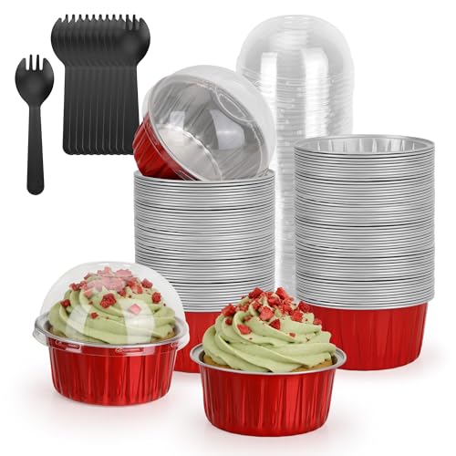 100-Pack 5 oz Red Mini Cake Pans with Lids, Disposable Aluminum Foil Baking Cups, Muffin Tins, Ramekins for Cupcakes, Brownies, Flan, Pudding - Christmas, Valentine‘s, Birthday Party Supplies - color: Red
