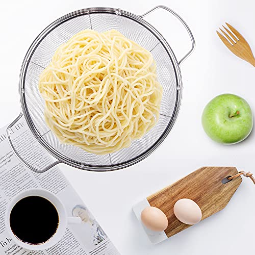 3 Pack 18/8 Stainless Steel Colander Sieves(5-Quart, 4-Quart and 3-Quart), Mesh Strainer Net Baskets with Handles & Resting Base for Strain, Drain, Rinse or Steam - size: 3 Qt. + 4 Qt. + 5 Qt.