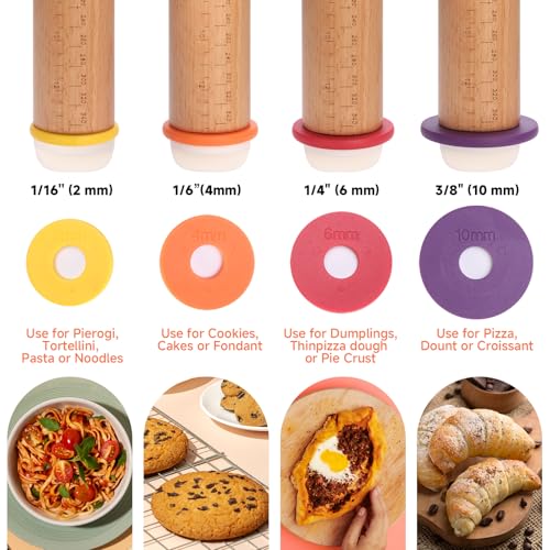 13.6" Adjustable Wooden Rolling Pin with 4 Multicolored Thickness Rings