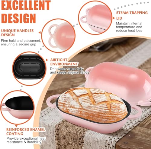 2.5 QT Enameled Cast Iron Sourdough Bread Oven, Loaf Pan with Lid - color: Pink, size: 2.5 QT