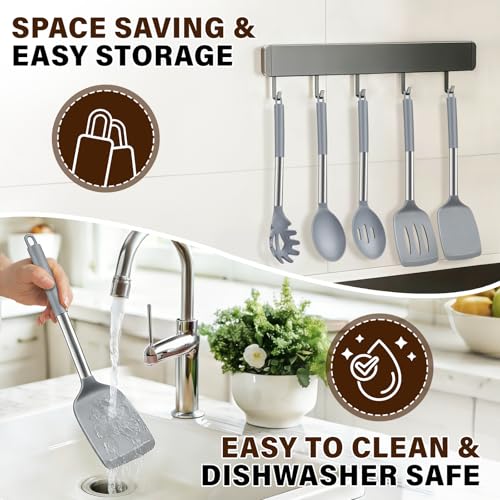 5Pcs Silicone Cooking Utensils Set, Heat Resistant Kitchen Tools Include Solid&Slotted Spatula, Cooking Spoon and Pasta Server, Silicone Kitchen Utensils set for Nonstick Cookware Flipping, Gray - color: Gray