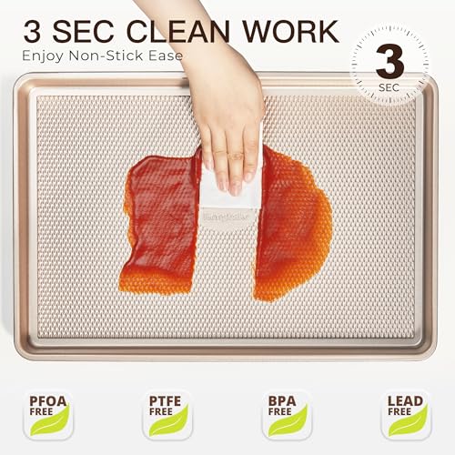 HONGBAKE Baking Sheet Pan Set of 3, Cookie Sheets for Oven, Nonstick Half/Quarter/Jelly Roll Pans with Diamond Texture Pattern, 0.8mm Thick Heavy Duty Cookie Tray, Champagne Gold - color: Champagne Gold (Carbon Steel)