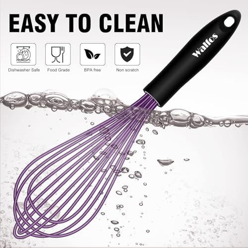 Walfos Whisk, Silicone Whisks Set of 5, Mini Stainless Steel Whisk 7+5in & Non Scratch Coated 7+9+11in Whisks, Suitable for Blending, Whisking, Beating, Frothing & Stirring. (Purple) - color: 5pcs Purple + Stainless Steel;7+9+11in & 5+7in