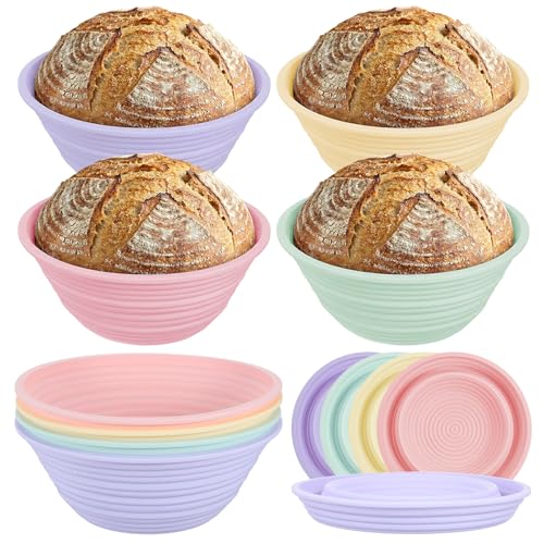4Pcs Silicone Banneton Bread Proofing Baskets, 9 Inch Round Sourdough Foldable Non-Stick Dough Proofing Bowl Making-BPA Free Optimum Sourdough Bread Baking Supplies
