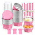 30 Pack Mini Round Aluminum Foil Cake Pans with Lids and Spoons, Food Grade Disposable Baking Cups Ramekins, Oven Air Fryer Freezer Safe for Wedding Favors Mother's Day Party (Pink (Round)) - color: Pink (Round)