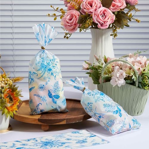Sweetude 100 Pcs Cellophane Bags Candy Gift Bag Wildflower Party Favor - style: Blue and White Porcelain