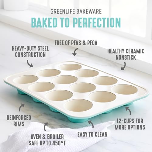 GreenLife 12-Cup Muffin Pan,PFAS-Free Healthy Nonstick Baking Tray,11.4" x 1.9" x 15.9",Durable Ceramic Bakeware,Cupcakes,Egg Bites,Tarts,Brownies,Turquoise,(Pack of 6) - color: Turquoise, size: 12 Cup Muffin Pan (Pack of 6)