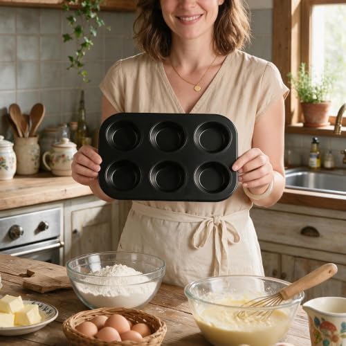 2 Pack 6-Cup 4/12/24/48 Cups Muffin Pan, Heavy-Duty Carbon Steel Nonstick Cupcake Baking Pan, 2.56” Standard Size Cups, Compact 10.43” x 7.28” Design, Oven & Dishwasher Safe - color: 6 Cups 2 Pack