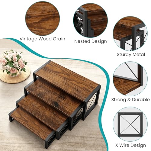 ELITEROO Wood Risers Display Stands Set of 4, Wooden 4 Tier Cupcake Stand, Tiered Riser for Vendors, Decorative Display Risers for Food Desserts Buffet Table at Party Wedding, Rustic Brown - color: 4 Tier, Rustic Brown