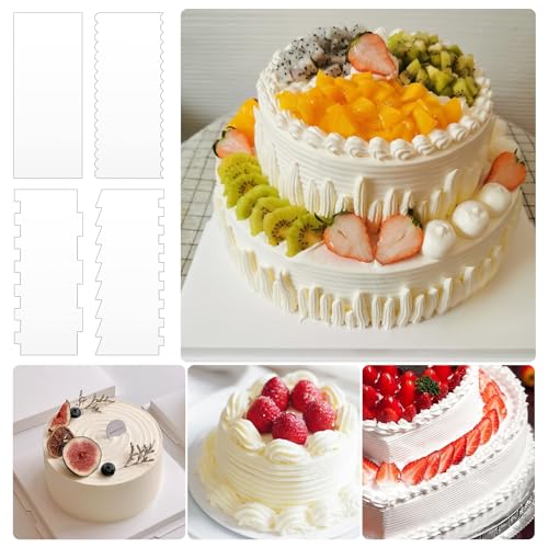 4 Pcs Clear Acrylic Cake Scraper Set, Large Cake Smoother for Icing, Cake Stripes Edge Contour Comb, Buttercream Frosting Decorating Tools with 7 Different Patterns for DIY Kitchen Baking