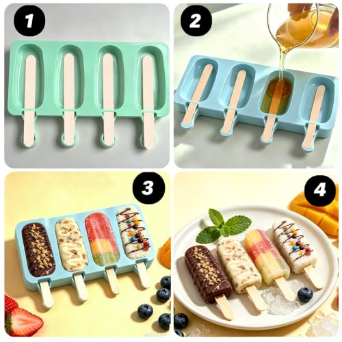 Silicone Popsicle Molds, 2 Pcs Blue and Green Popsicles Molds, 4 Cavities Ice Cream Mold with 50 Wooden Sticks for Making Cakesicles Fudgesicle Candy DIY Cake Ice Pop Summer Party Supplies - color: Blue and Green