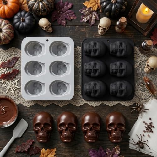 2 Pack 3D Skull Silicone Molds Halloween Silicone Molds, Reusable Non-Stick Skull Chocolate Baking Molds for Cake, Candy, Ice Cube, Resin, Halloween Party Decorations（Black/Gray）