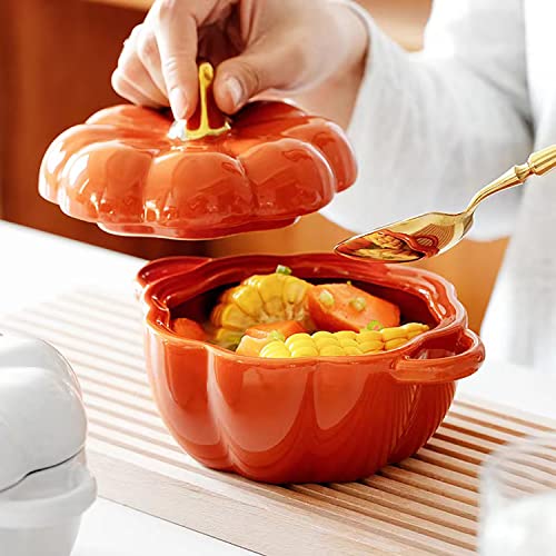 Pumpkin Bowl Set with Lid and Handle, Set of 2 Ceramic Ramekins for Baking, Casserole Dish Individual Severing Pot, Stoneware, Oven Safe, 14 Oz (Orange) - color: Orange
