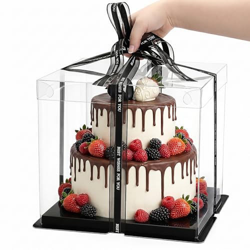 Cididu 6 Pack Clear Cake Box with Ribbon, 2-Layer Tall Cake Carrier Box, Packaging Boxes 10x10x9 Inch, PET Clear Gift Box with Lid, Transparent Cake Containers for Mother's Day Birthday Party Wedding