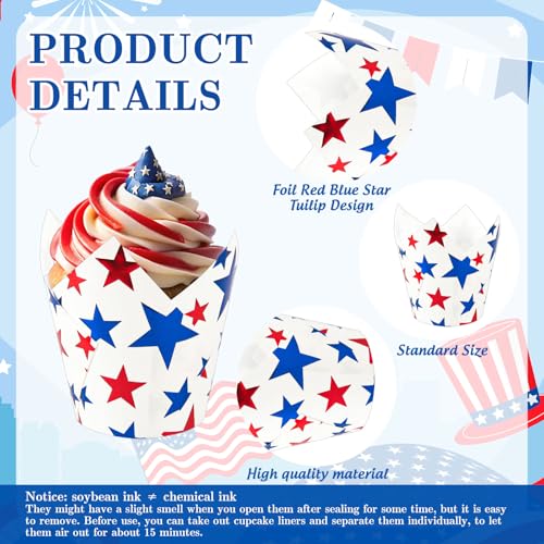 Whaline 120 Pcs July 4th Patriotic Tulip Cupcake Liners Red Blue Star Foil Baking Cups Independence Day Cupcake Muffin Wrappers for 250th Anniversary Memorial Day Party Supplies Table Decor - style: Star