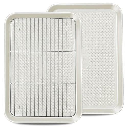 2-Pack 12x17 Half Sheet Pan Baking Sheet Set with Wire Rack - Nonstick 0.8mm Thick Carbon Steel, Cookie Sheets for Baking, Dishwasher Safe, Warp Resistant, Oven Safe 450°F, Salted Gray - size: 2x Large 12.7" x 17.6”