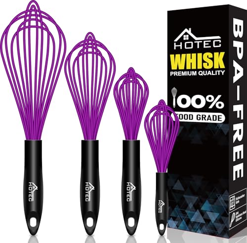 HOTEC 4Pcs Silicone Whisk Set, Wire Balloon Whisks for Cooking Egg Beater - color: Purple