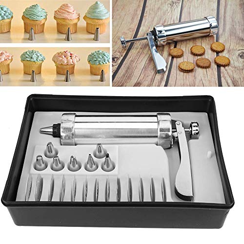 Fdit Cookie Press Kit, Manual Adjustable Biscuit Maker and Pastry Decorating Tool for Home Baking Aluminum Alloy 15 x 25 cm 21 Piece Set with 13 Cookie Discs and 7 Nozzles