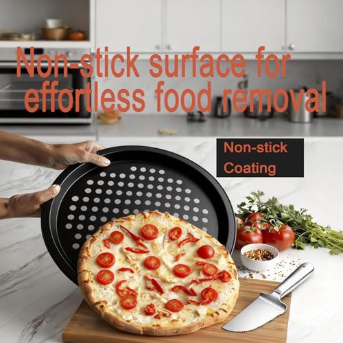 12-inch Perforated Oven Pizza Pan, Carbon Steel Perforated Pizza Tray and Cutter Set, Compatible with Breville Smart Ovens, Non-Stick Baking Pan, Home Pizza Oven Accessories - size: 12.4 inch with holes (2 pcs)