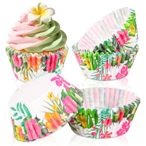 AnyDesign 300Pcs Tropical Luau Cupcake Liners Paper Baking Cups Hawaiian Palm Leaves Hibiscus Standard Muffin Cupcake Wrappers for Summer Beach Birthday Party Supplies - style: Hawaiian