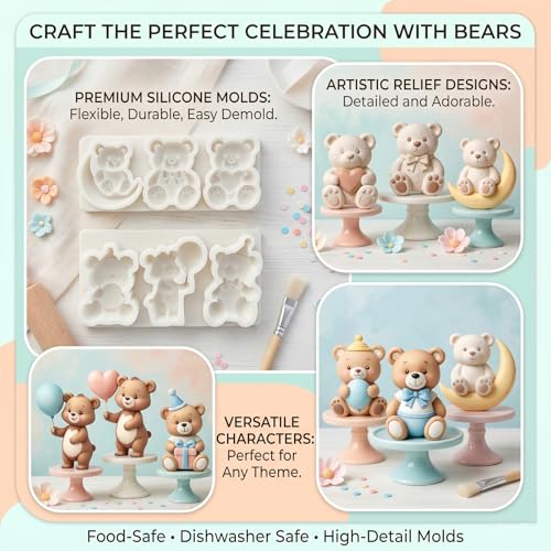 2Pcs Teddy Bear Fondant Mold Set, Moon Balloon Bear Silicone Molds - color: Bear silicone mold