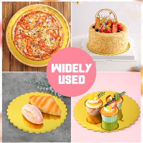 SynHHergyx 50 Pack 10 Inch Gold Cake Boards Round Disposable Cake Circle Base Board Valentine's Day Cake Cardboard Rounds Scallop Edge Grease Proof Coated Plate for Wedding Christmas Birthday