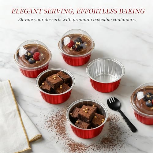 100-Pack 5 oz Red Mini Cake Pans with Lids, Disposable Aluminum Foil Baking Cups, Muffin Tins, Ramekins for Cupcakes, Brownies, Flan, Pudding - Christmas, Valentine‘s, Birthday Party Supplies - color: Red
